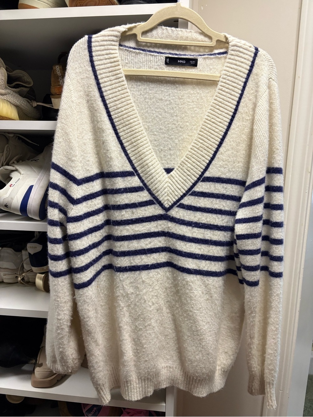 Mango Ivory Knit Sweater with Navy Stripe Detail